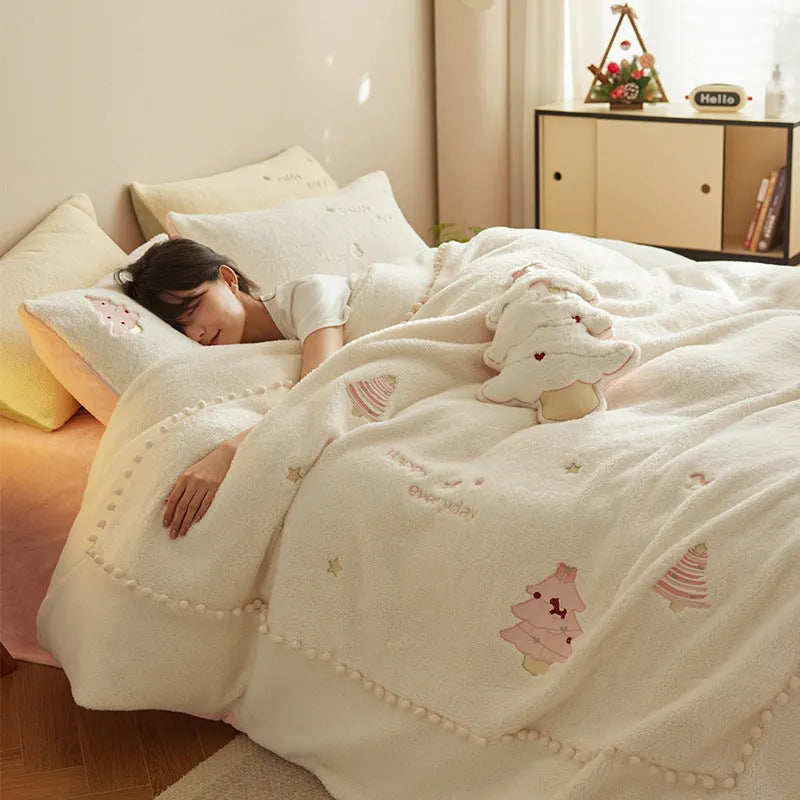 Winter milk fibre four-piece bedding set with green or pink Christmas tree pattern on a fresh style quilt cover.