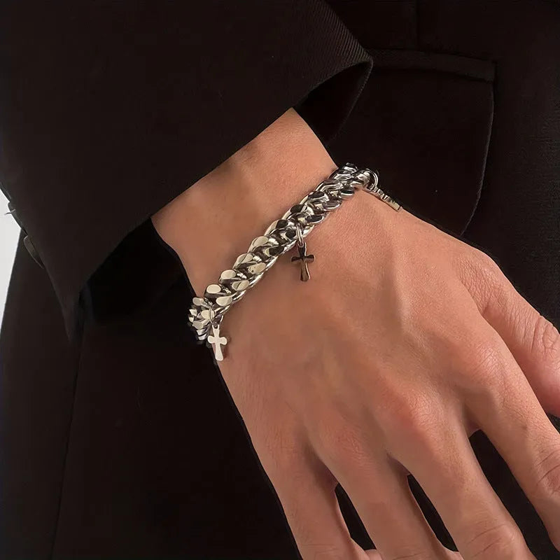 Men's titanium steel bracelet with a geometric shape and a central cross design.