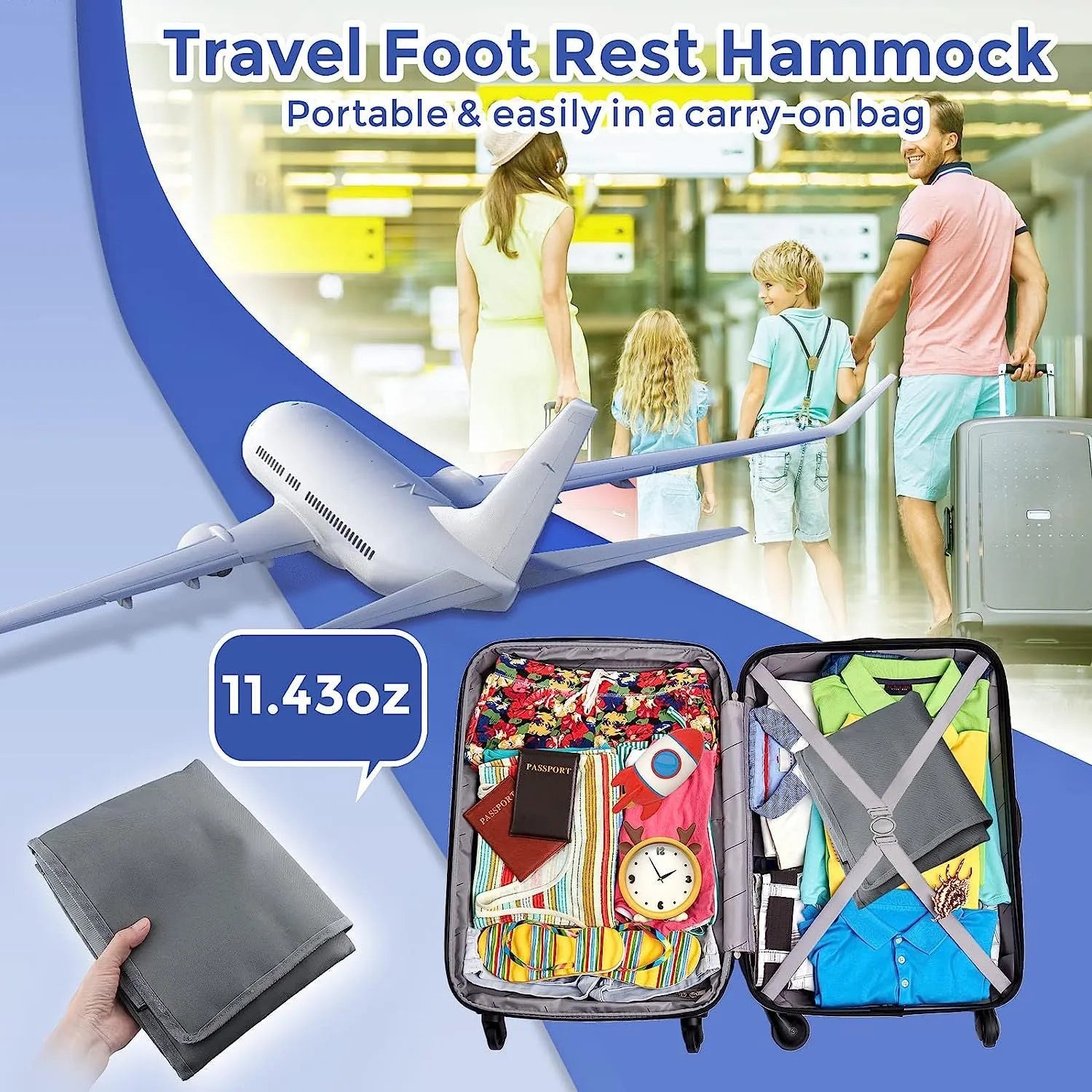 Portable blue nylon children's aircraft seat extender with matching storage bundle pocket.