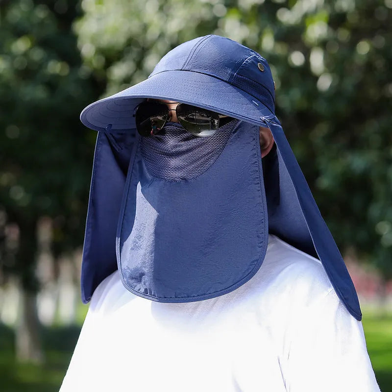 Man wearing a khaki sun hat with a built-in USB-rechargeable fan for face and neck protection.