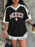 Women's loose-fit V-neck t-shirt with letter printing and short sleeves in polyester fabric