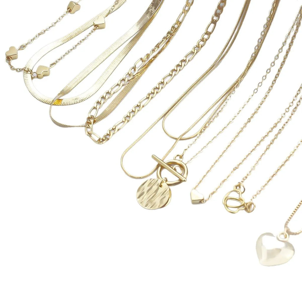 Gold women's necklace set with 10 alloy pendants on adjustable snake bone chain