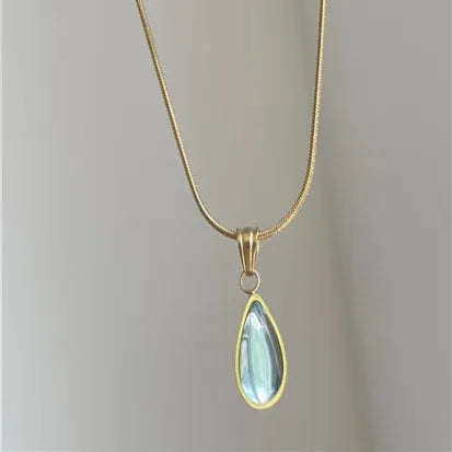 Blue and green water drop necklace with mixed gemstone pendant on titanium steel snake bone chain