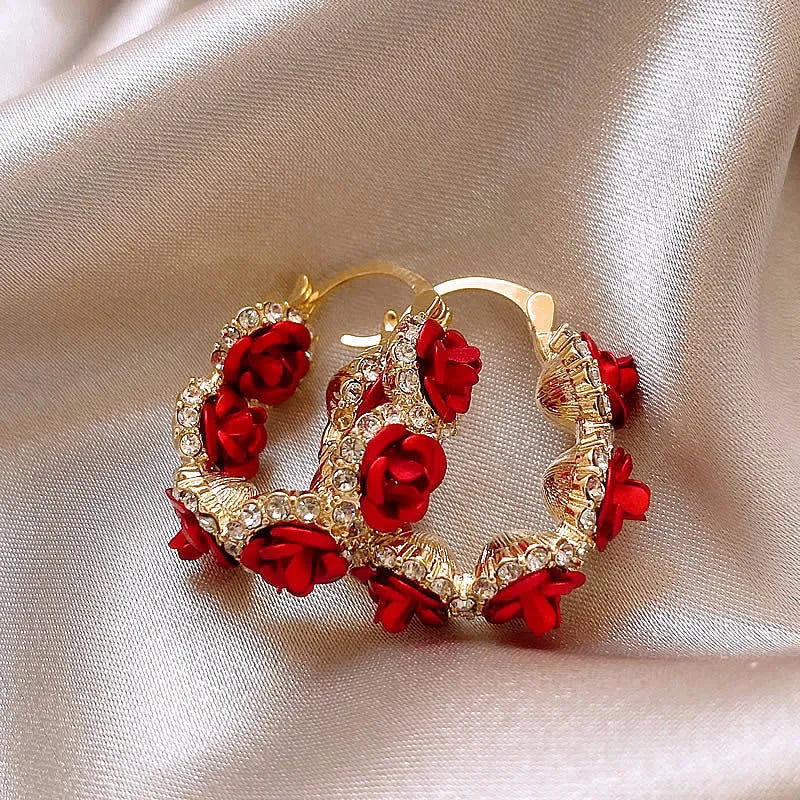 Alloy rose flower ear clip earrings in F155A red colour with clip-on fastening
