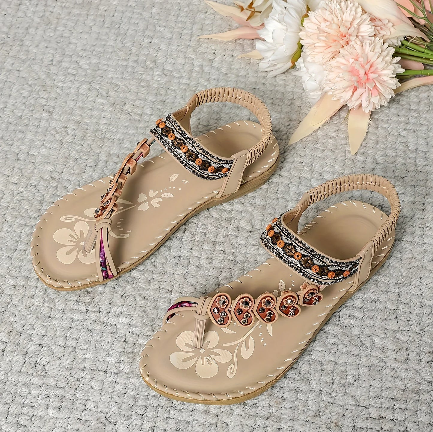 Bohemian women's thong sandals in navy blue with flower beaded rhinestone details, PU upper, TPR sole, size 38
