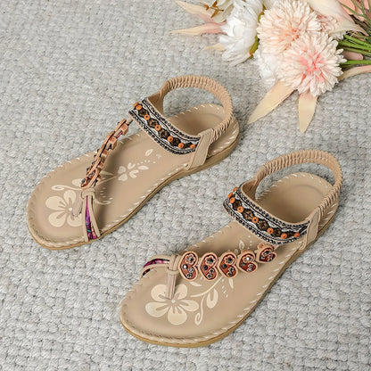 Bohemian women's thong sandals in navy blue with flower beaded rhinestone details, PU upper, TPR sole, size 38
