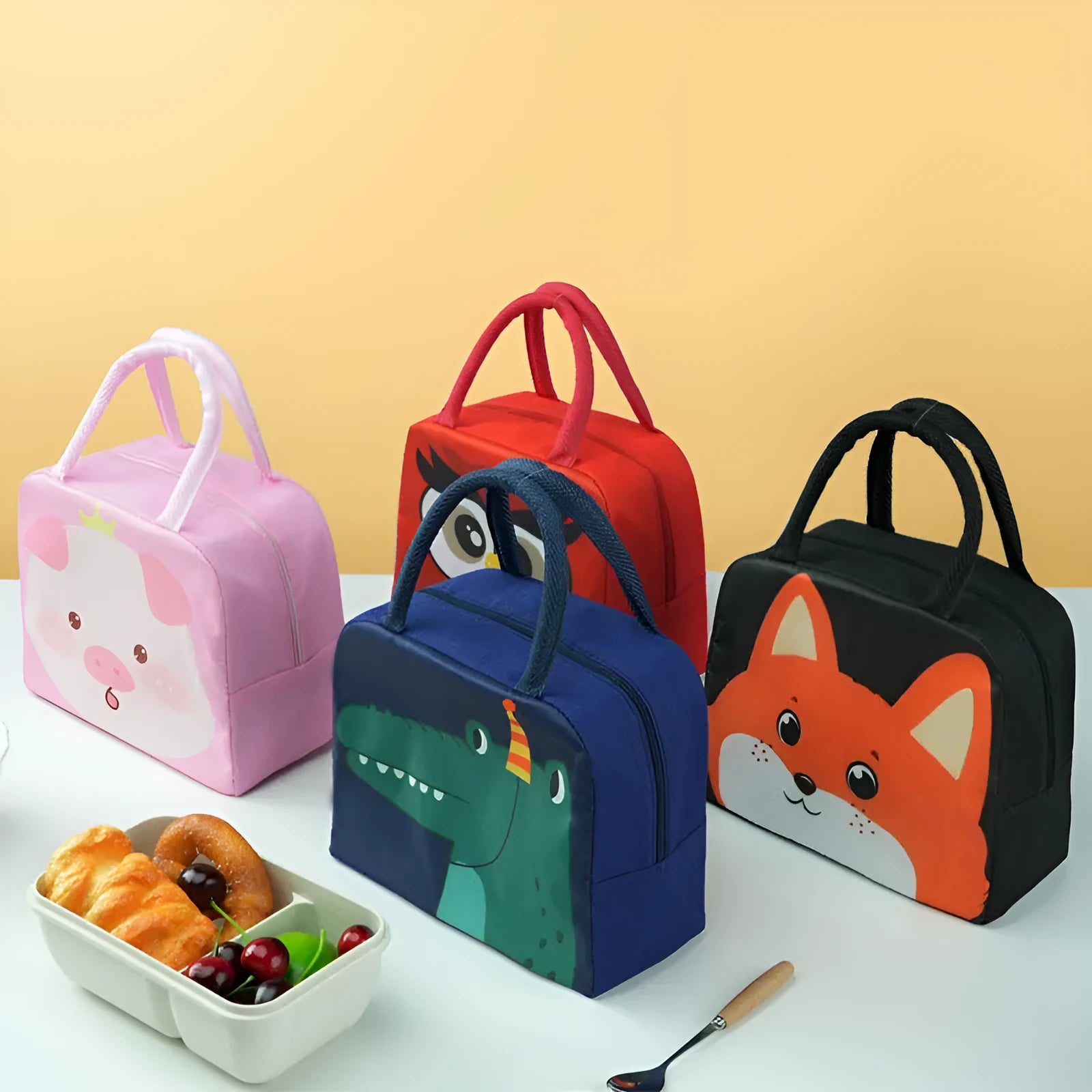 Children's insulated lunch box bag in Oxford cloth with aluminium foil lining showing animal design options