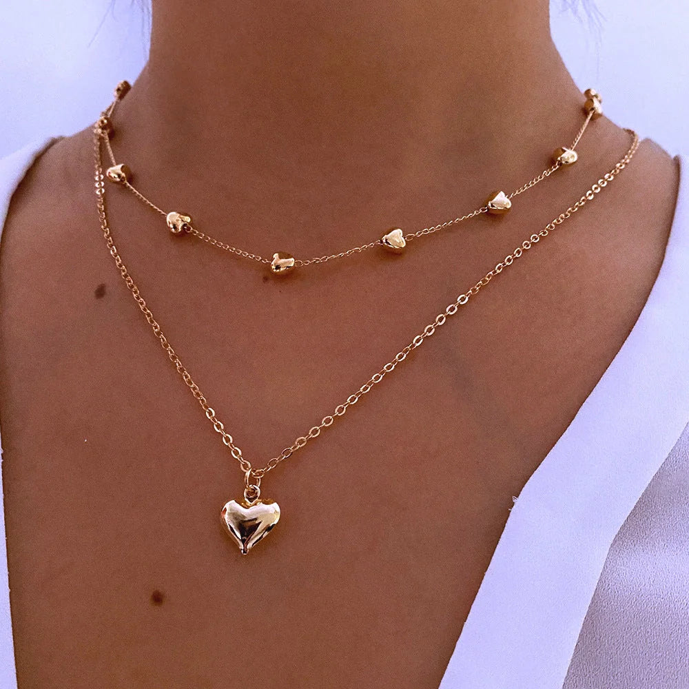 Double-layer heart pendant fine chain necklace in gold colour with adjustable length