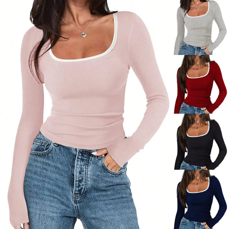 Women's slim fit cotton top with square collar and long sleeves in light grey.