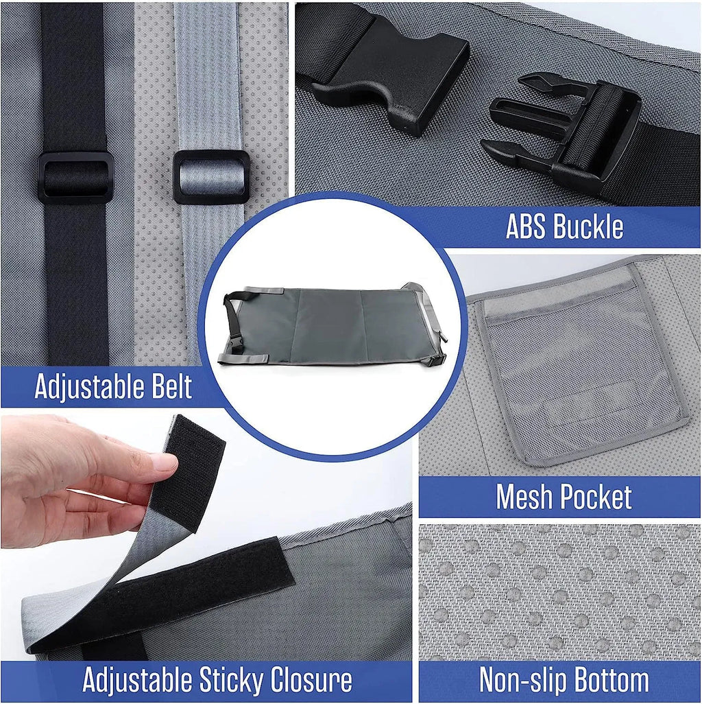 Portable blue nylon children's aircraft seat extender with matching storage bundle pocket.