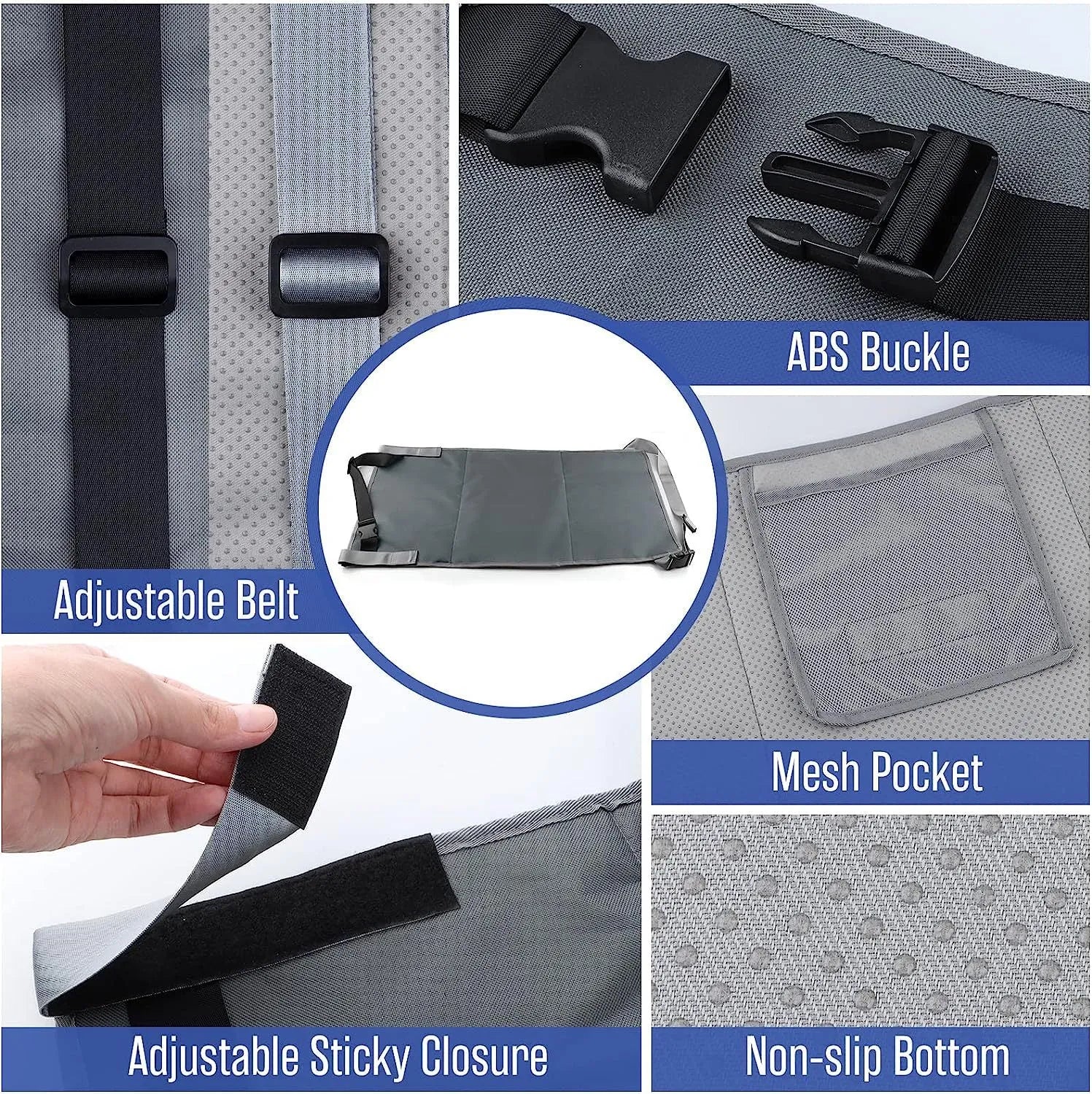 Portable blue nylon children's aircraft seat extender with matching storage bundle pocket.