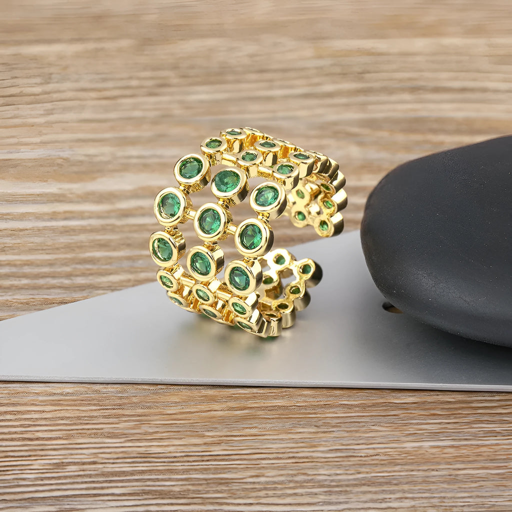 Three-layer green zircon wide ring with 18K gold plating over copper base