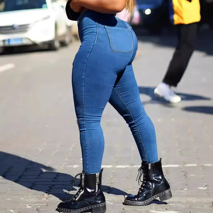 Women's high waist skinny fit denim jeans in light blue, dark blue, and black