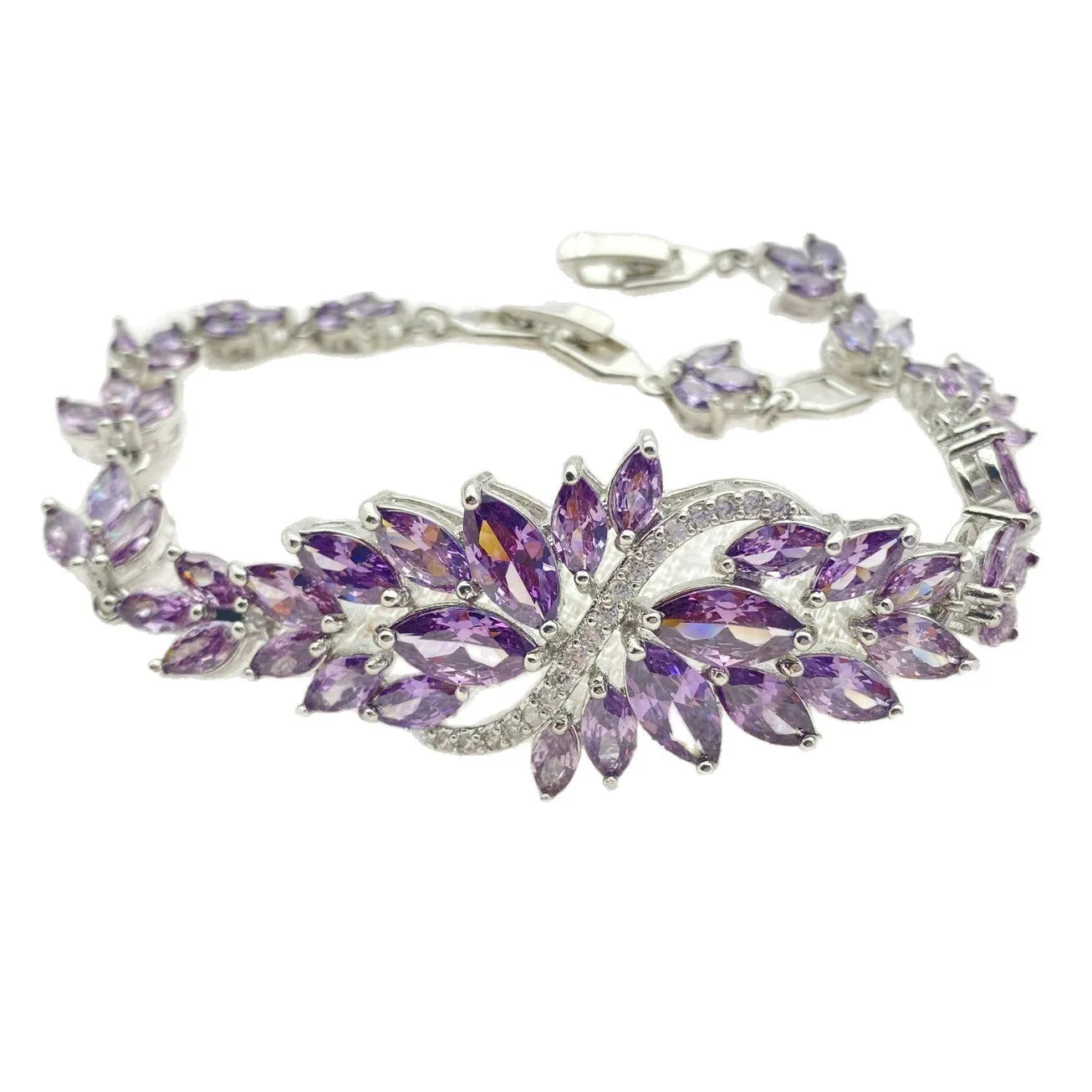 Copper fashion bracelet with gold electroplating and coloured zircon stones in ice flower design