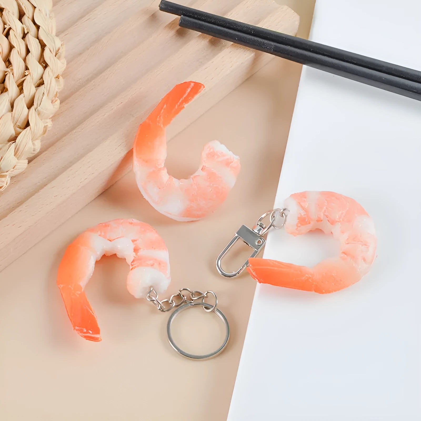 PVC simulation seafood shrimp keychain with door buckle on a white background