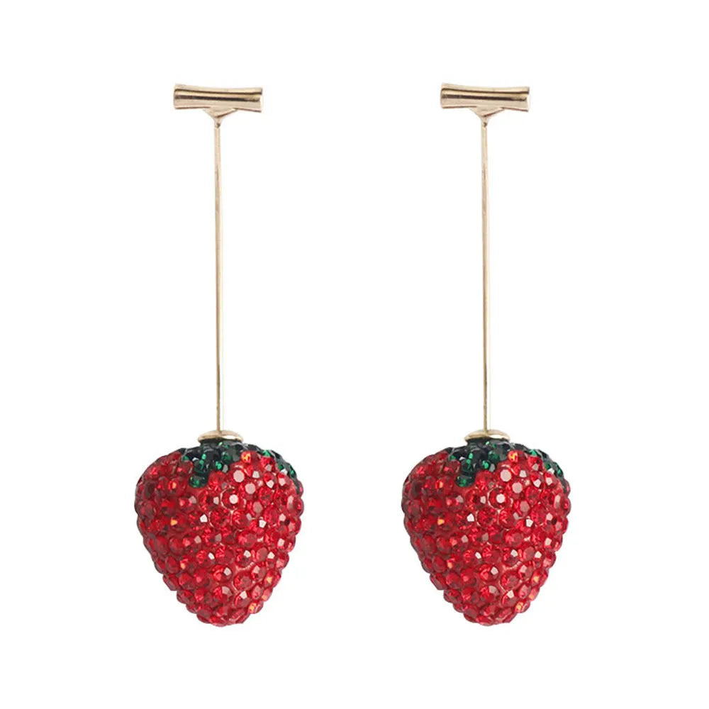Geometric zinc alloy women's earrings with a red strawberry charm on a white background.