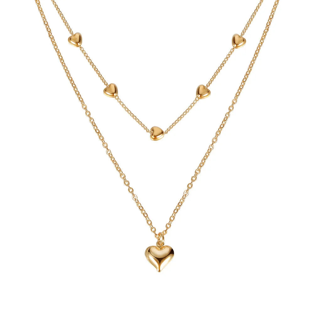 Double-layer heart pendant fine chain necklace in gold colour with adjustable length