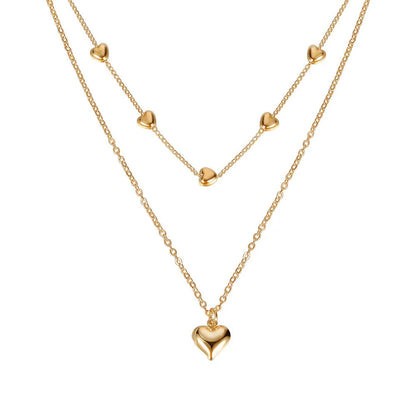 Double-layer heart pendant fine chain necklace in gold colour with adjustable length
