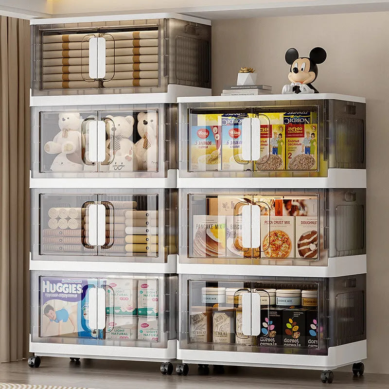Foldable wheeled storage locker with adjustable layers in grey or white household organiser