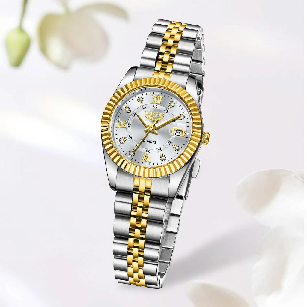 Waterproof women's fashion quartz watch with metallic case in various gold and silver colour options