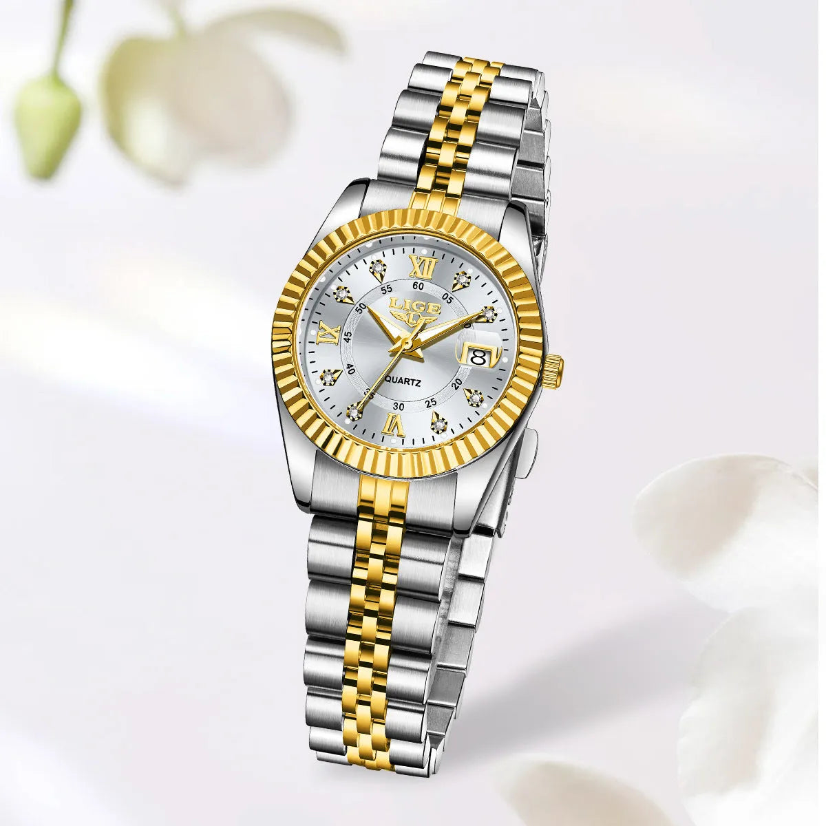 Waterproof women's fashion quartz watch with metallic case in various gold and silver colour options