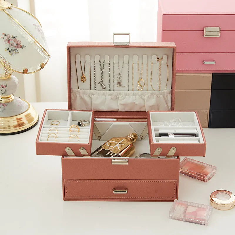 Hard PU leather jewellery storage box in solid colour with dimensions 22.5cm by 15.5cm by 14cm