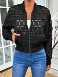 Black semi-transparent women's casual jacket with geometric pattern and front zipper closure