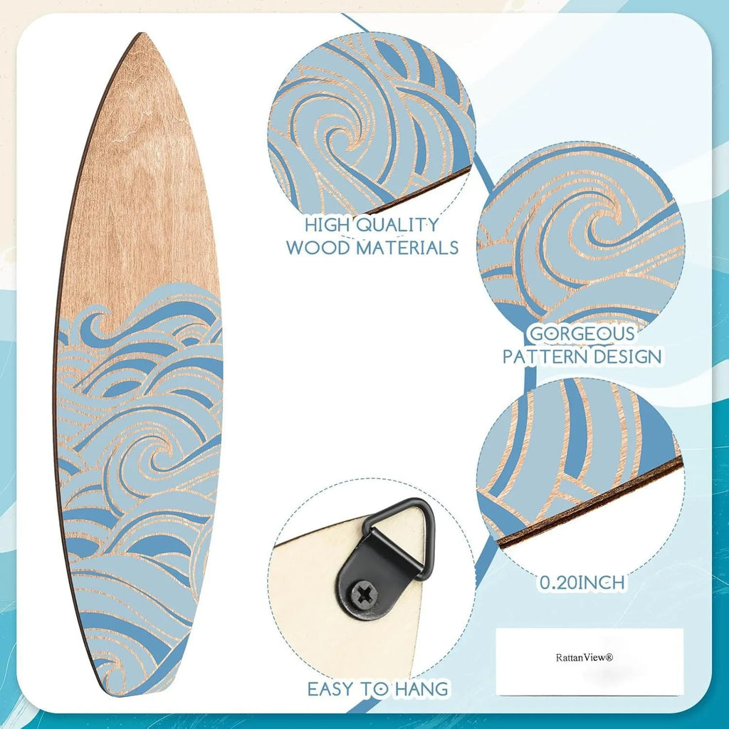 Three identical wooden surfboard wall decorations displayed together