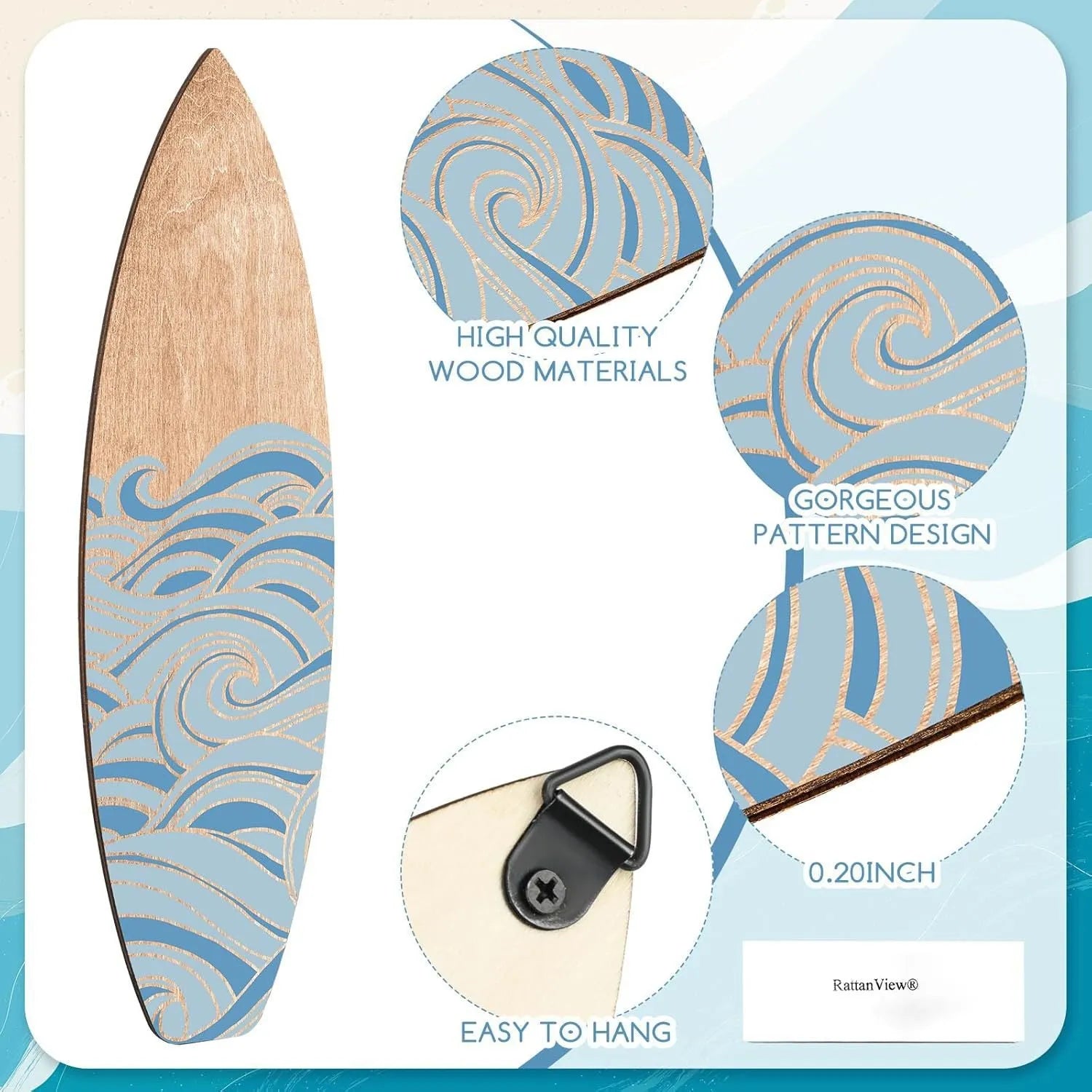 Three identical wooden surfboard wall decorations displayed together