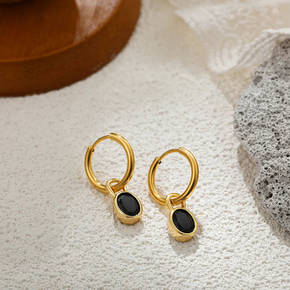Women's retro simple oval zircon earrings in copper alloy, shown in an Emerald green colour.