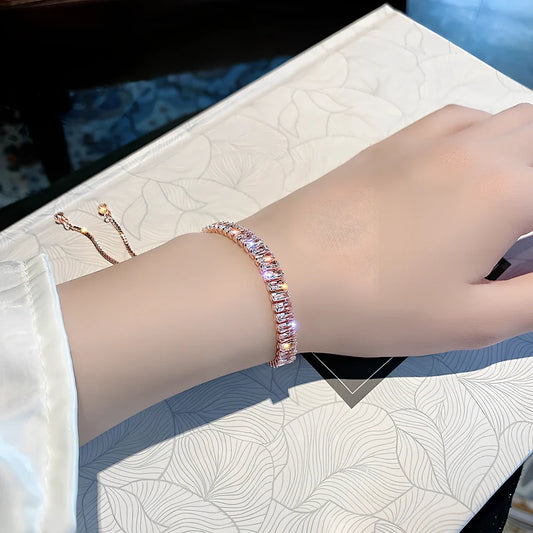 Women's adjustable rhinestone copper bracelet in geometric silver, gold or rose gold, 16-20cm fit with chain and tassels