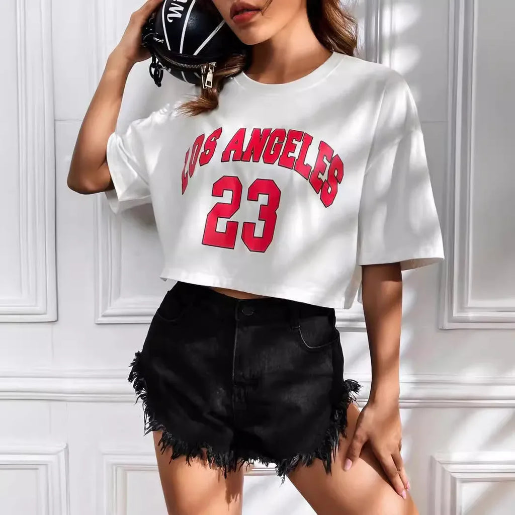 Women's black cotton t-shirt with white English letter printing and exposed navel design in casual Japanese Korean style