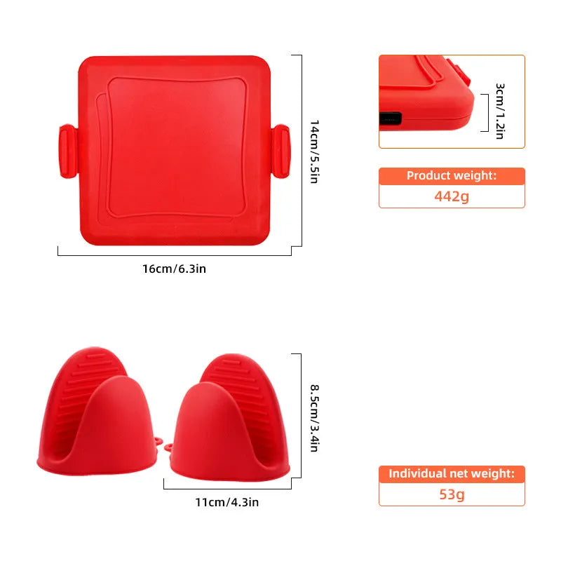Red silicone baking tray with matching anti-scald gloves set in colour box packaging