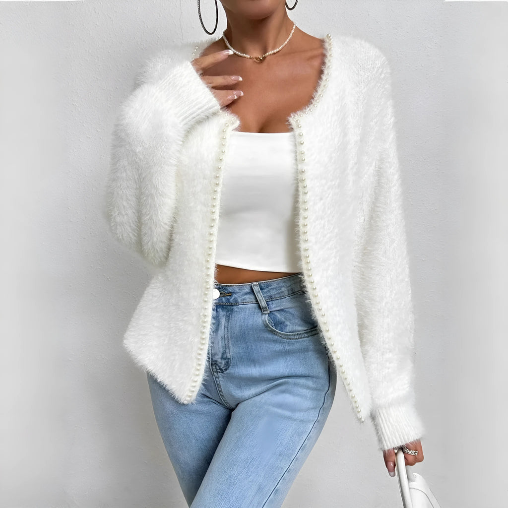 White women's V-neck cardigan with polyester knit fabric and 50cm length