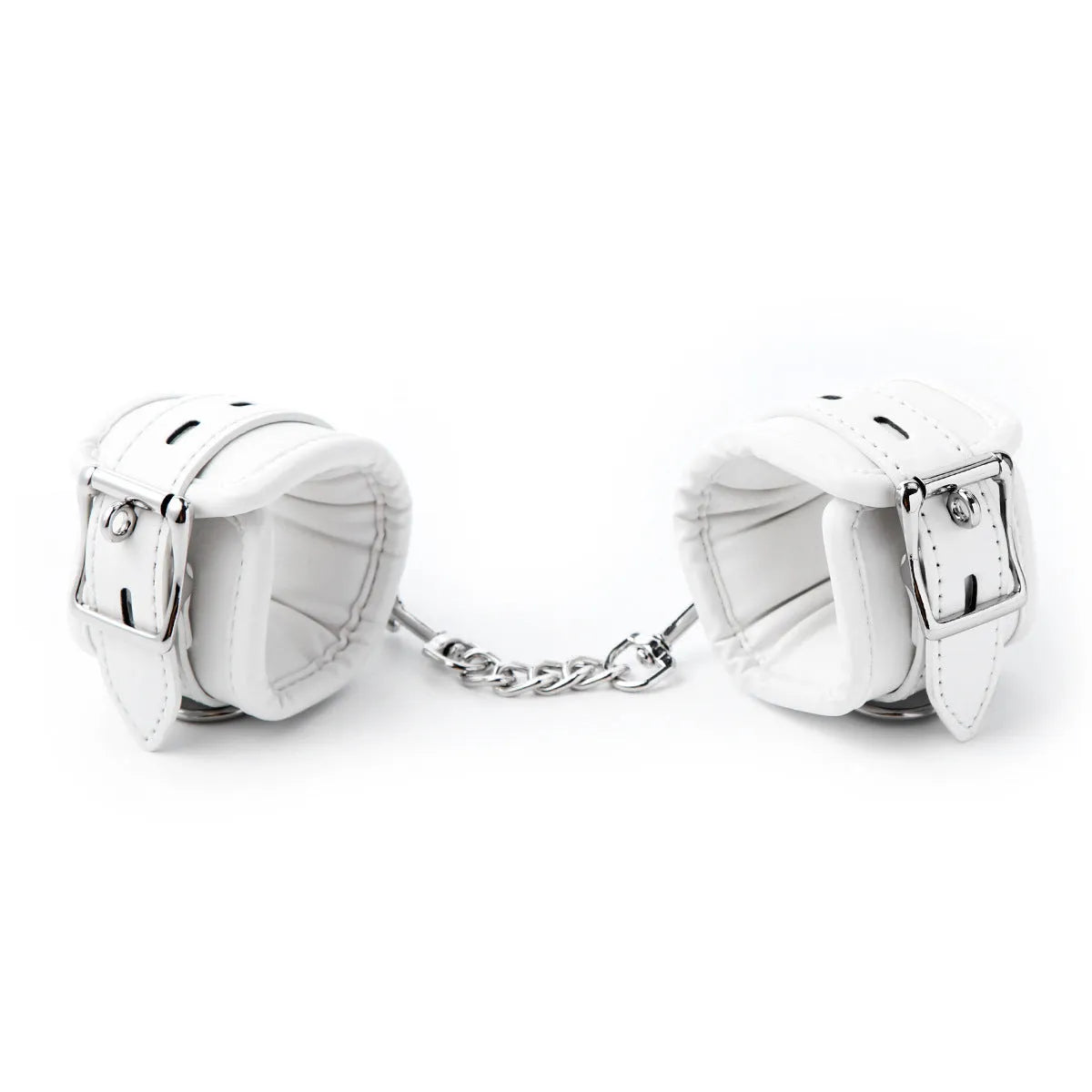 White PU sponge adult bondage set showing handcuffs, footcuffs, and a neck scarf.