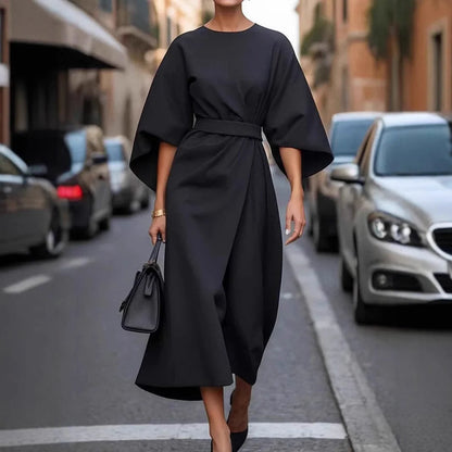 Women's loose batwing sleeve dress with waist tie in solid colours