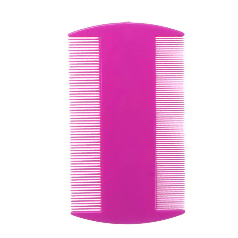 Fine-toothed double-edged plastic comb for pet fleas or human lice in assorted colours.