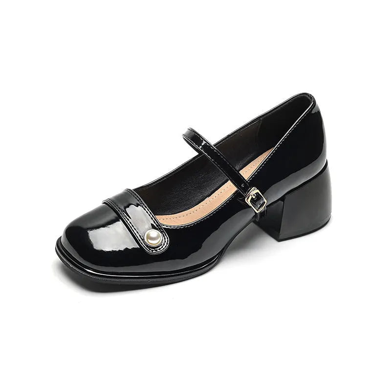 Women's plus size apricot patent leather chunky heel hiking shoe with buckle fastening and square toe.