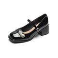 Women's plus size apricot patent leather chunky heel hiking shoe with buckle fastening and square toe.