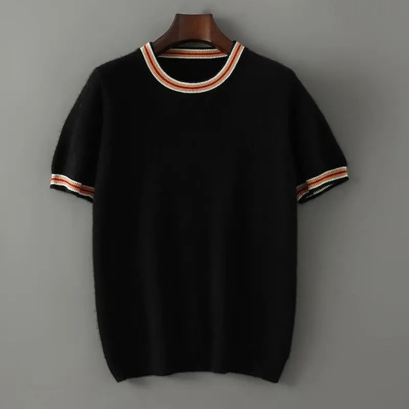Men's short sleeve wool sweater with round neck pullover design in black colour