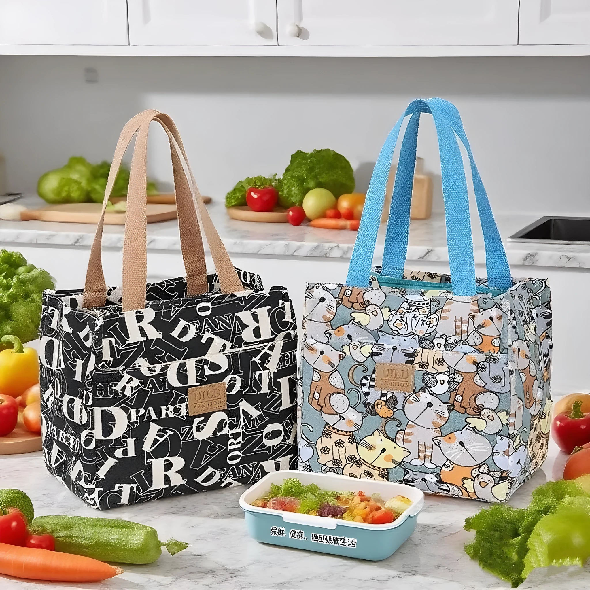 Women's printed canvas tote bag with aluminium hardware in a choice of floral and cat designs.