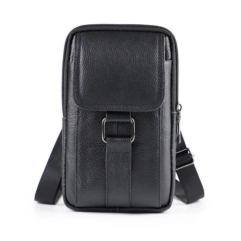 Men's black leather crossbody waist bag with a front lock closure shown in a vertical square shape.