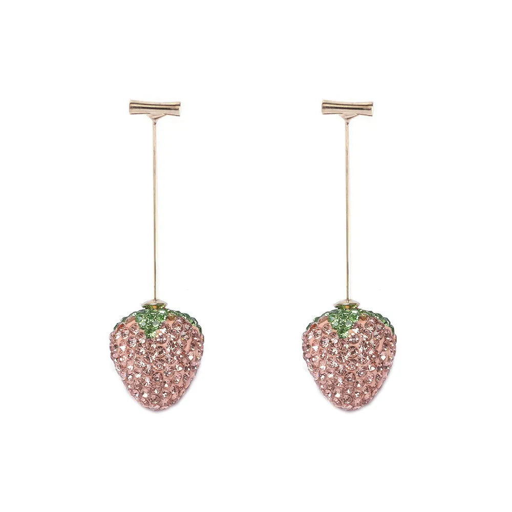 Geometric zinc alloy women's earrings with a red strawberry charm on a white background.
