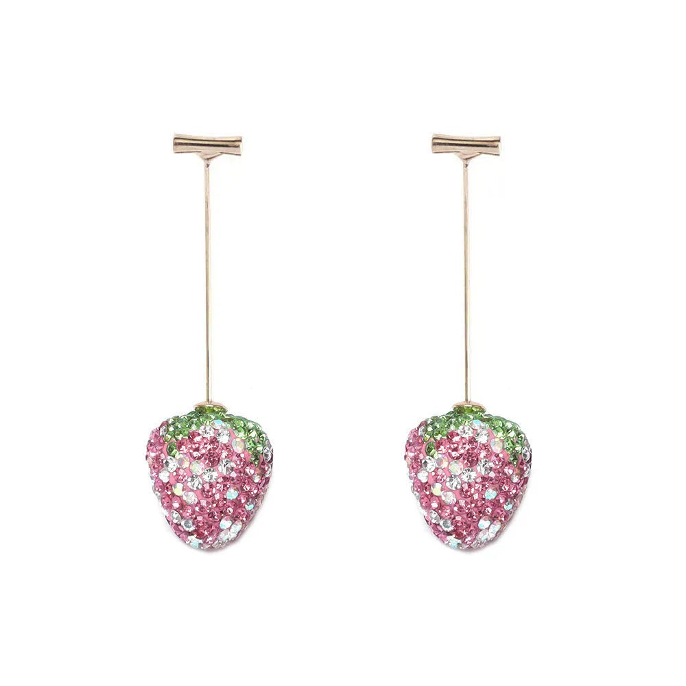 Geometric zinc alloy women's earrings with a red strawberry charm on a white background.