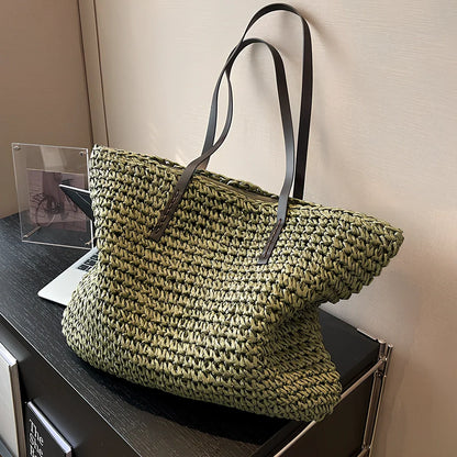 Brown woven summer shoulder bag, 42x36x4 cm large capacity with zipper for women's beach use