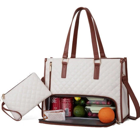 Women's lunch tote bag with thermal insulation and matching wallet in multiple colors