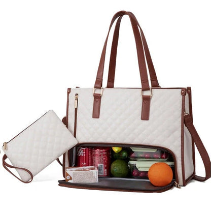 Women's lunch tote bag with thermal insulation and matching wallet in multiple colors