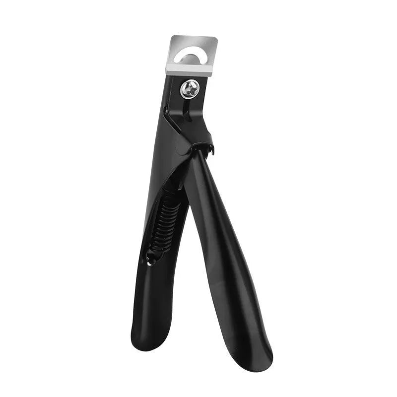 Close-up of stainless steel French U-shaped nail scissors on a plain background.