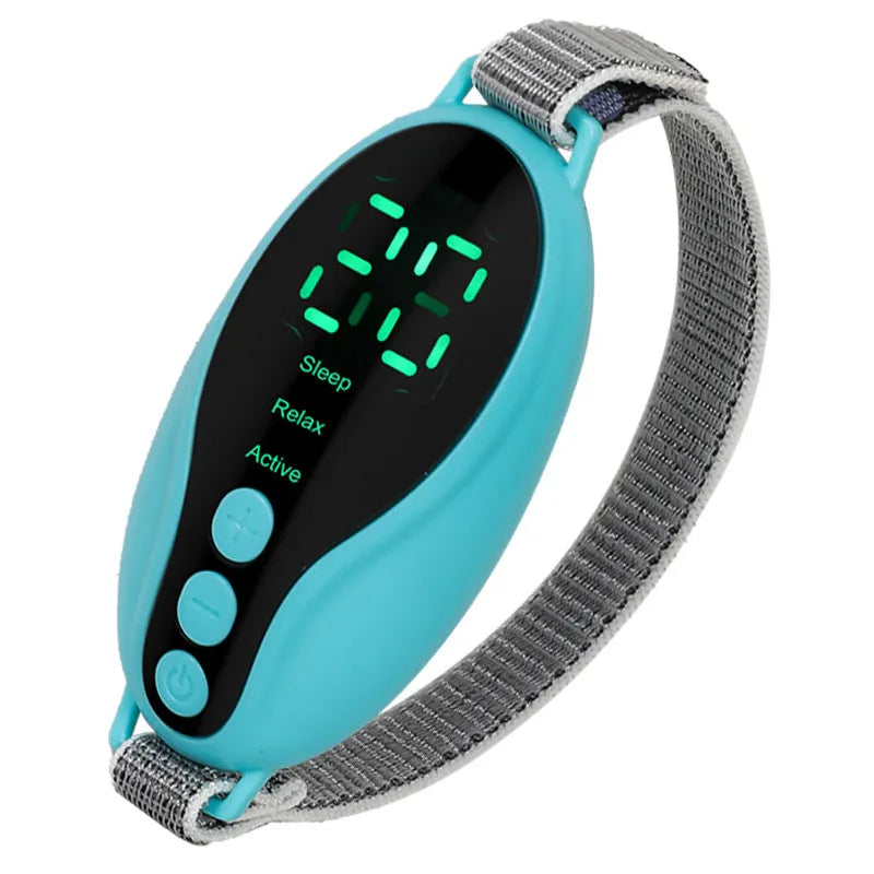 White or blue coloured USB rechargeable intelligent sleeping aid instrument with compact design.