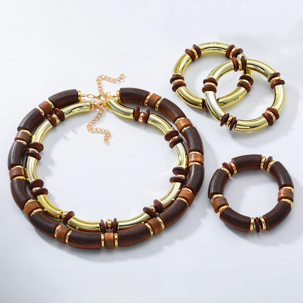 Women's multi-layer wooden necklace and bracelet set in exaggerated European style with alloy chain